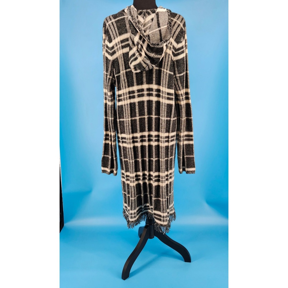 Retro 90s Womens XXL Black White Plaid Hooded Longline Fringe Cardigan Sweater - Picture 2 of 5